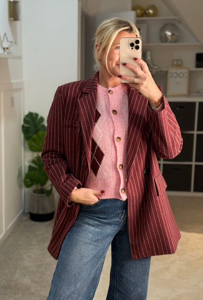 Burgundy Oversized Pinstripe Blazer
