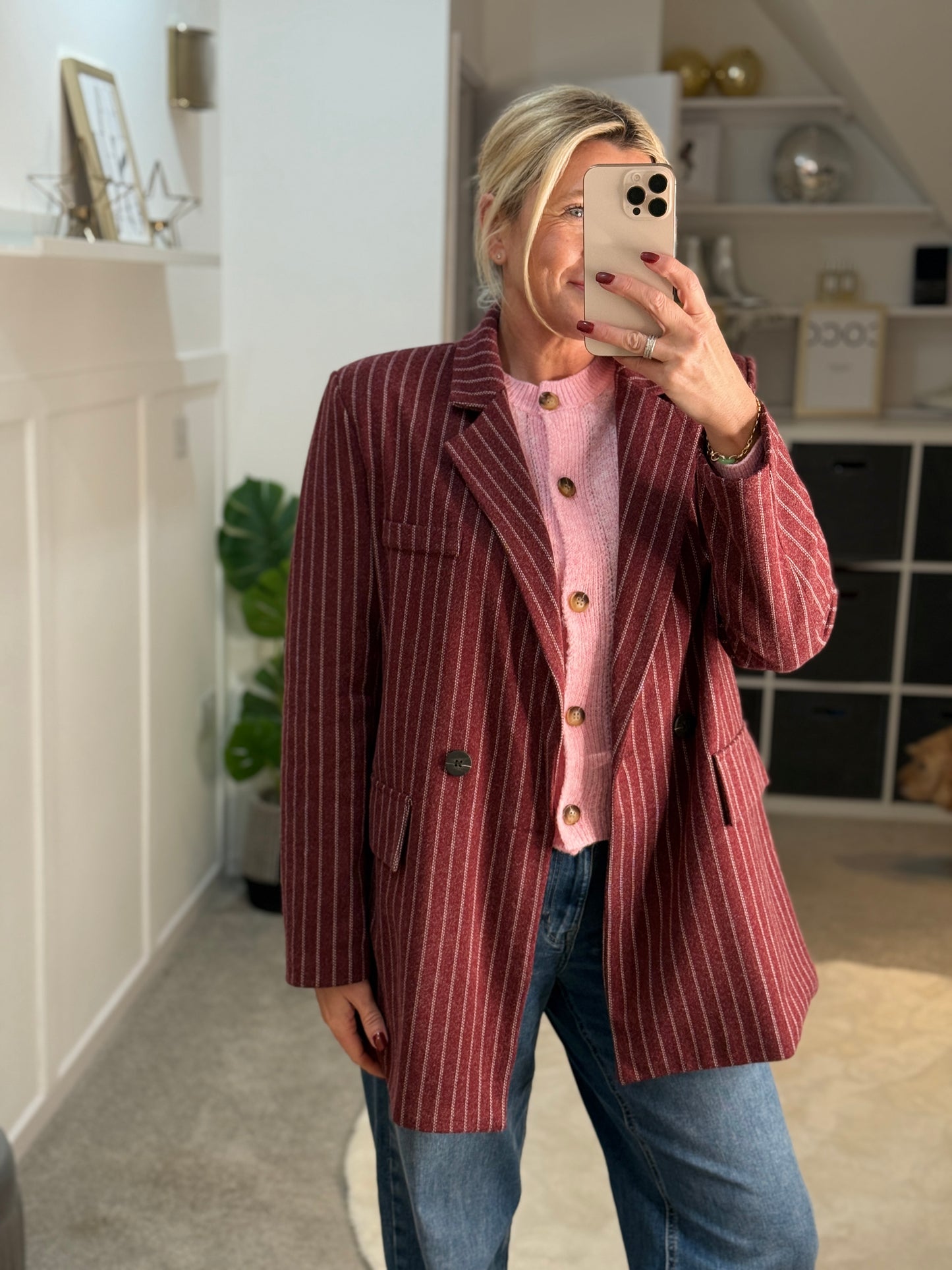Burgundy Oversized Pinstripe Blazer