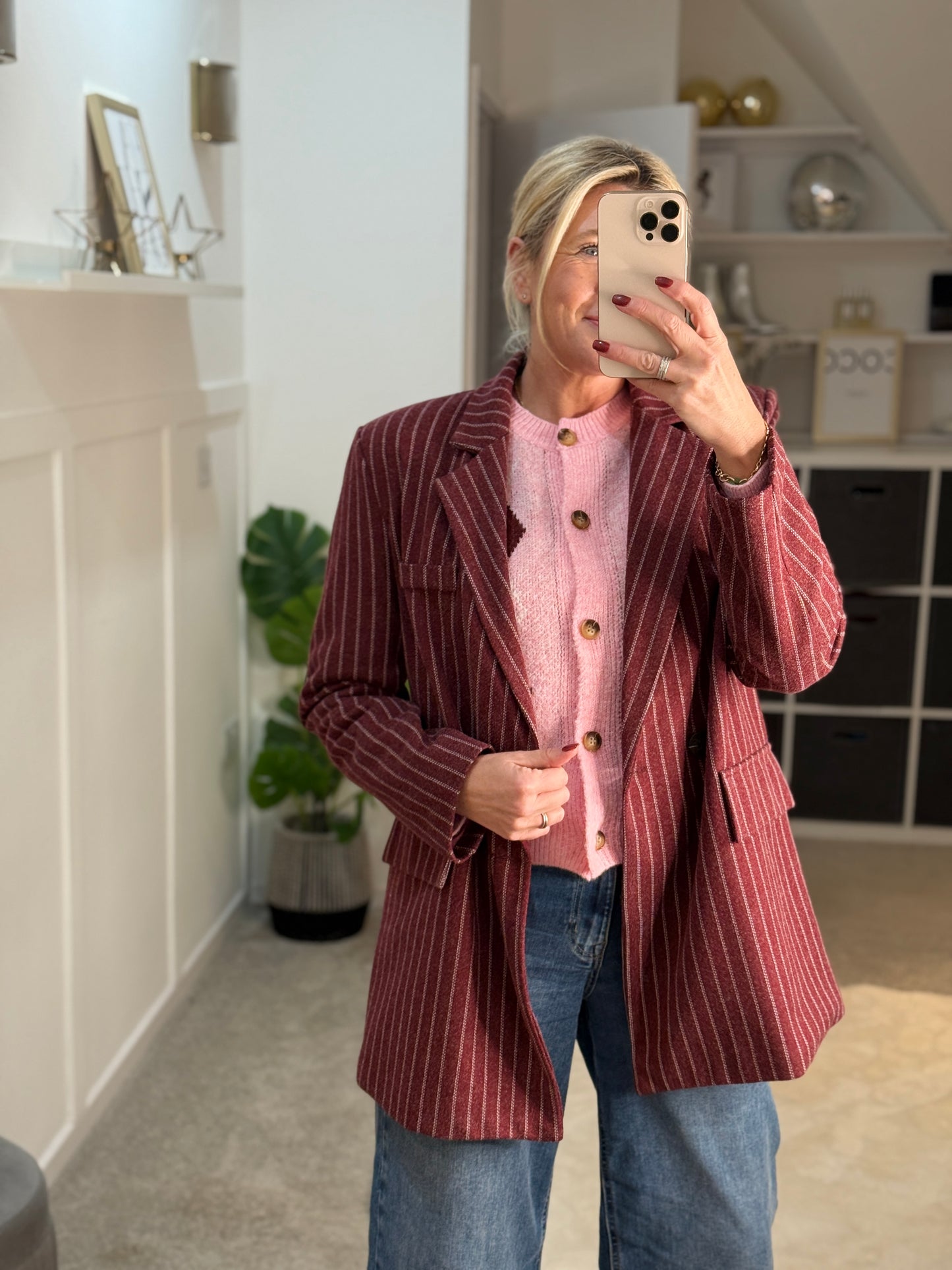 Burgundy Oversized Pinstripe Blazer