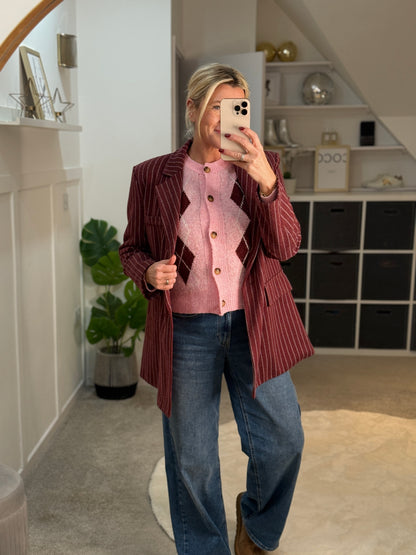 Burgundy Oversized Pinstripe Blazer