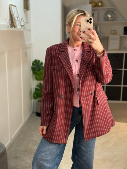 Burgundy Oversized Pinstripe Blazer