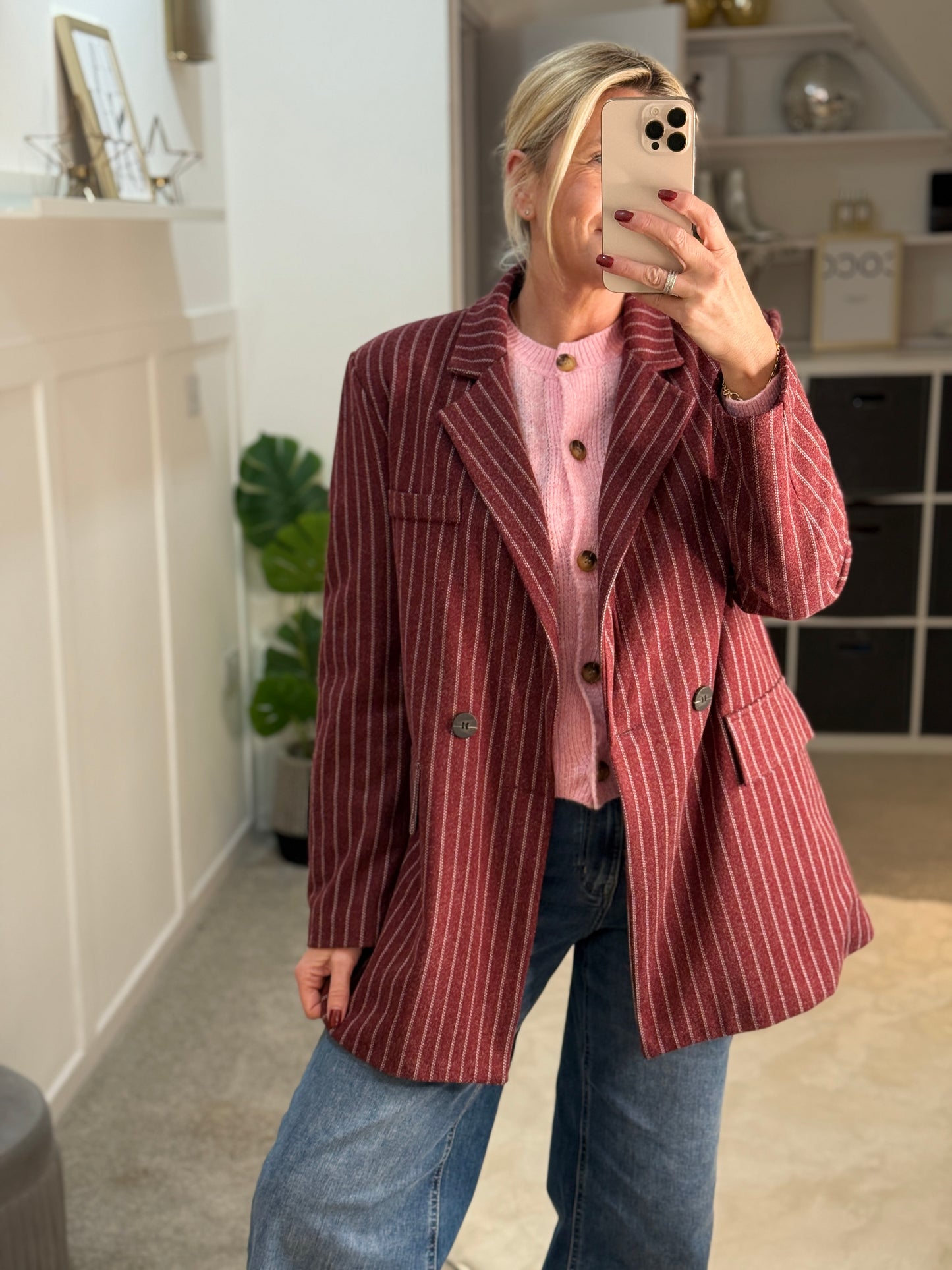 Burgundy Oversized Pinstripe Blazer