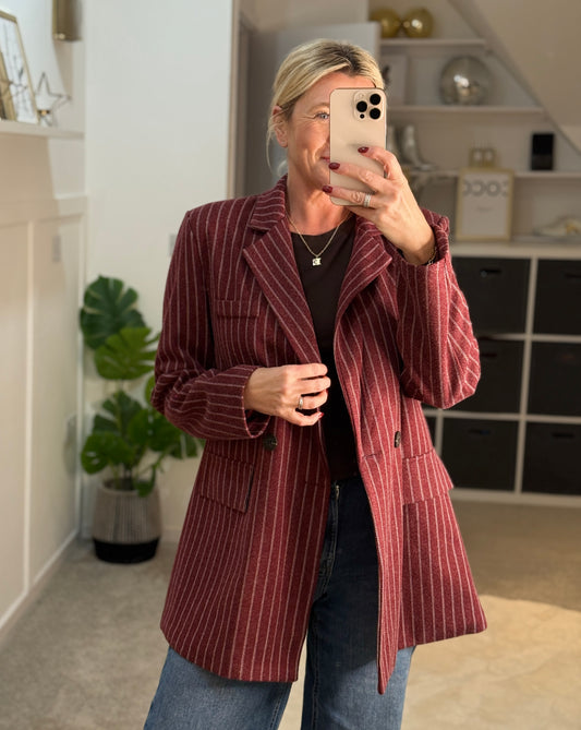 Burgundy Oversized Pinstripe Blazer
