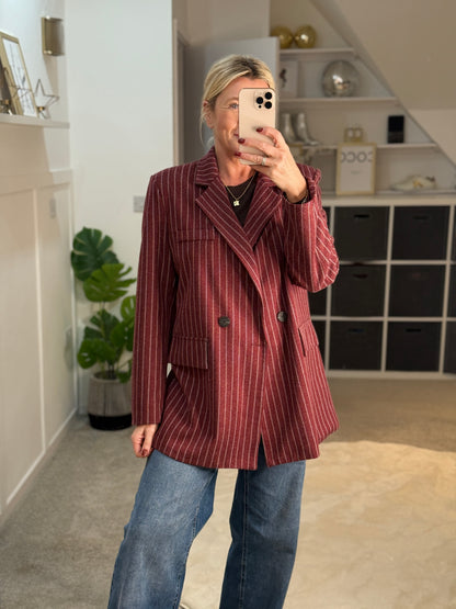 Burgundy Oversized Pinstripe Blazer