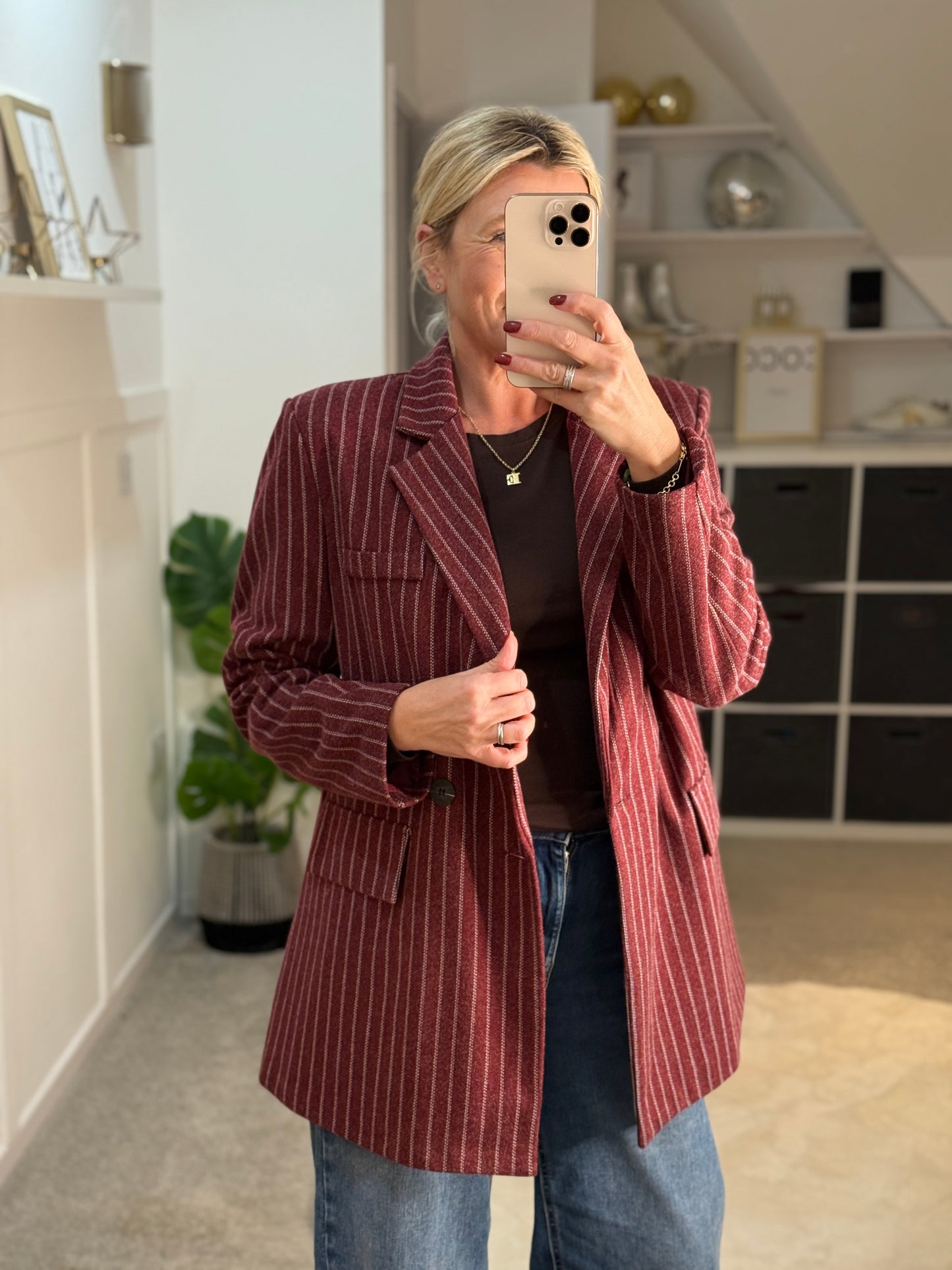 Burgundy Oversized Pinstripe Blazer