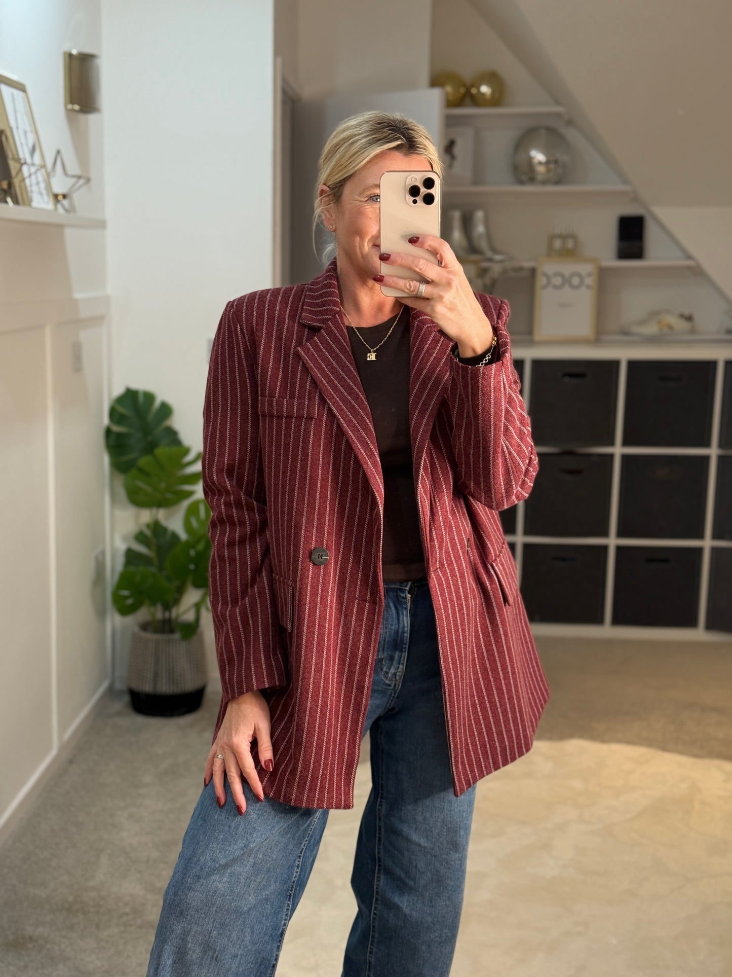 Burgundy Oversized Pinstripe Blazer
