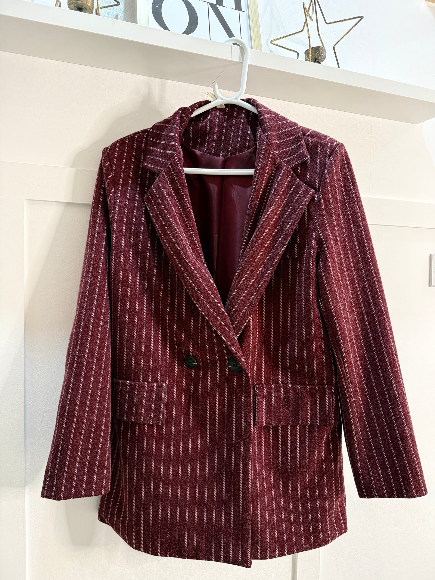 Burgundy Oversized Pinstripe Blazer
