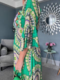 Green Boho Print Ruffle Sleeve Maxi Dress