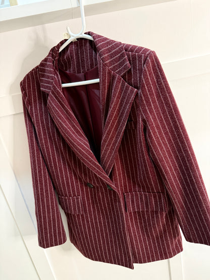 Burgundy Oversized Pinstripe Blazer
