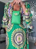 Green Boho Print Ruffle Sleeve Maxi Dress