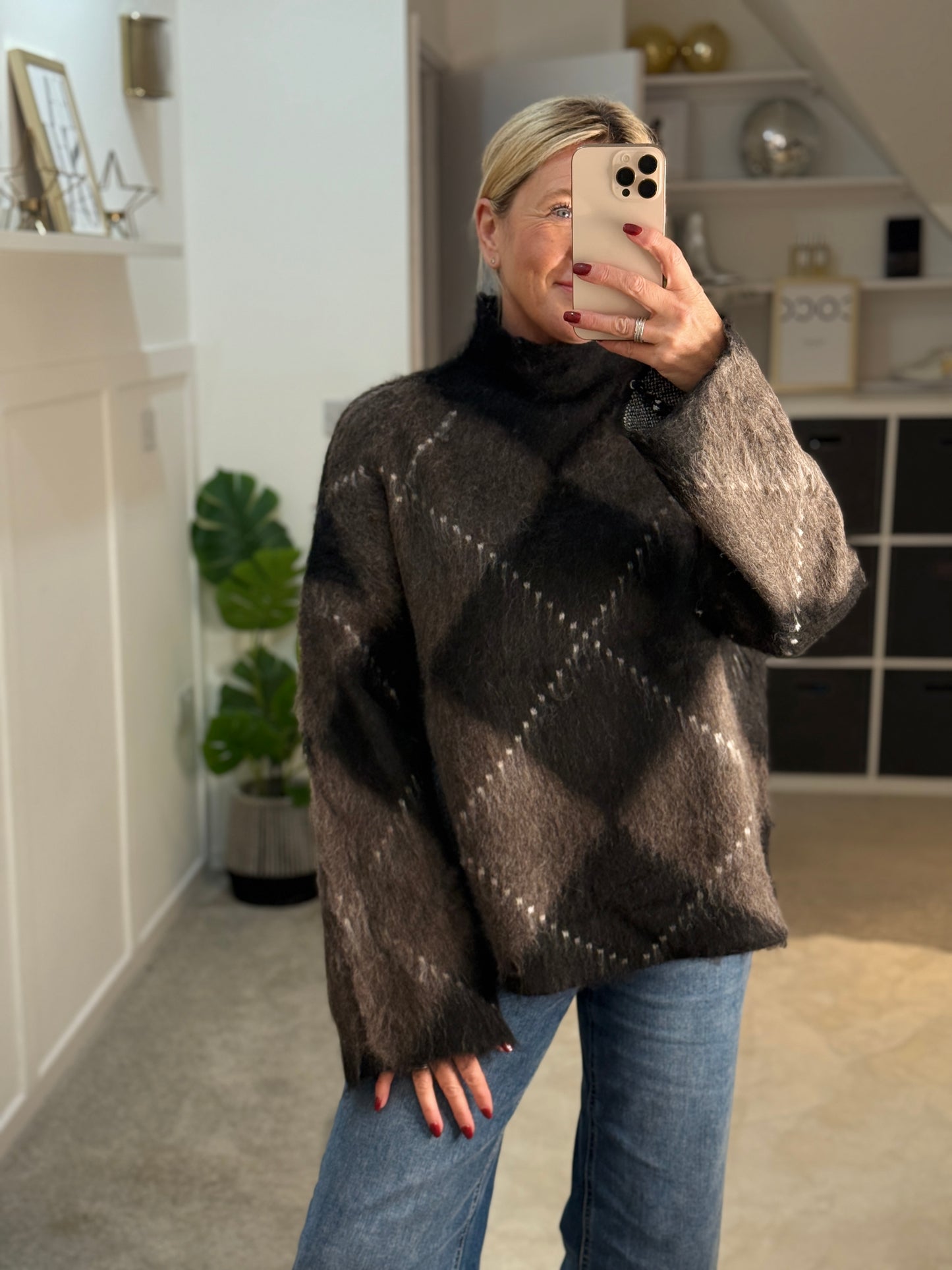 Brown/Black Argyle Funnel Neck Jumper