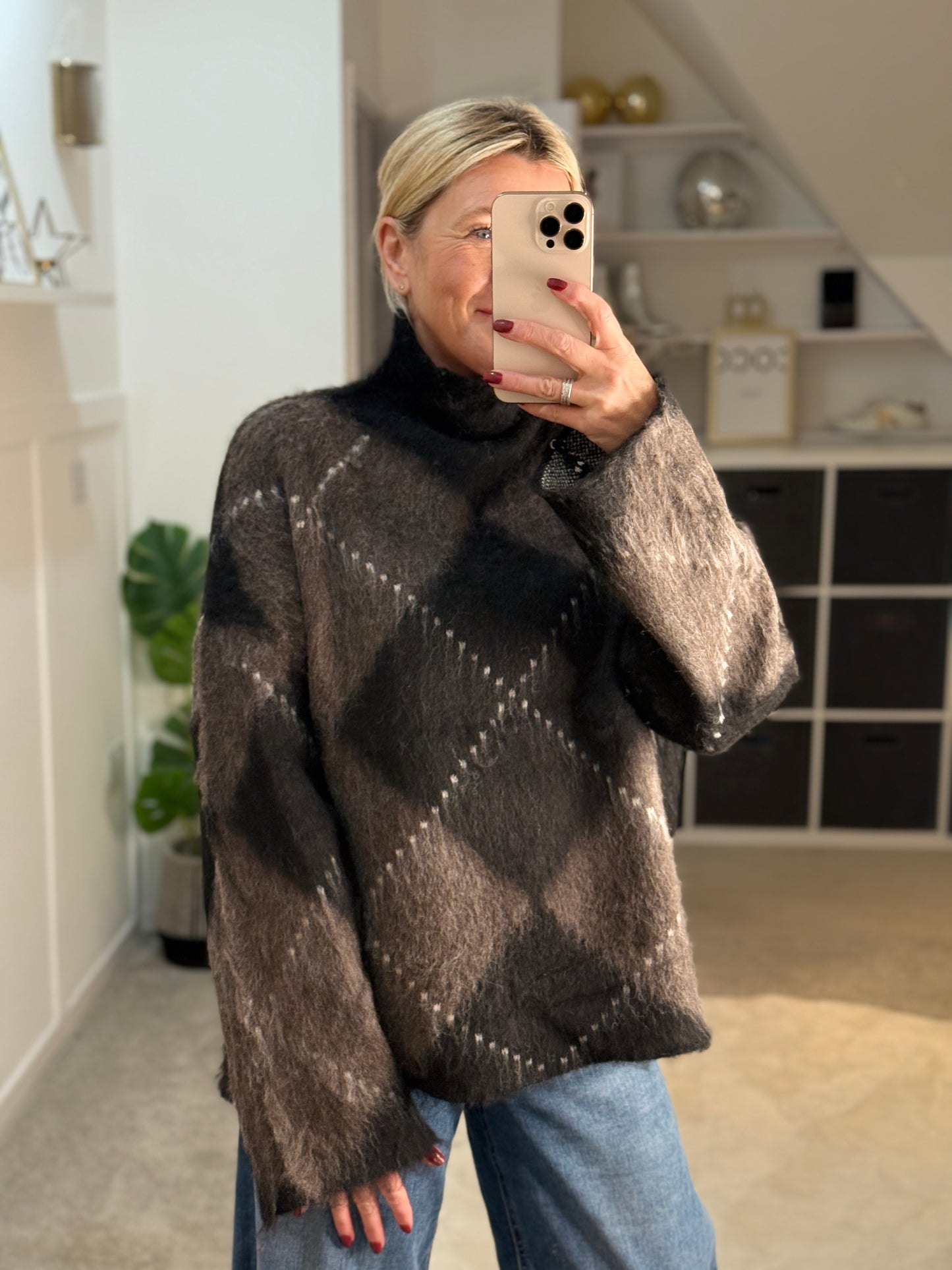 Brown/Black Argyle Funnel Neck Jumper
