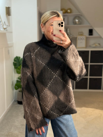 Brown/Black Argyle Funnel Neck Jumper