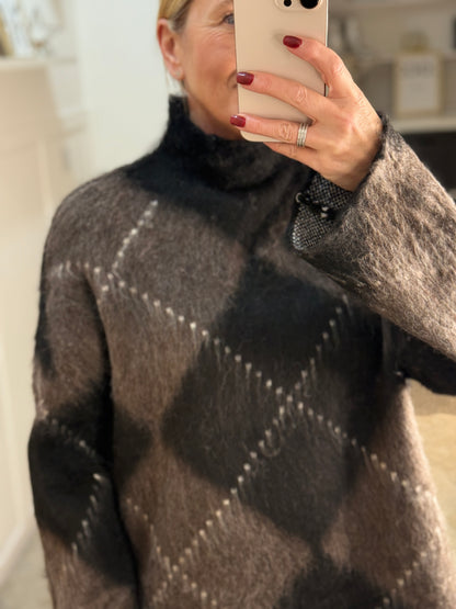Brown/Black Argyle Funnel Neck Jumper