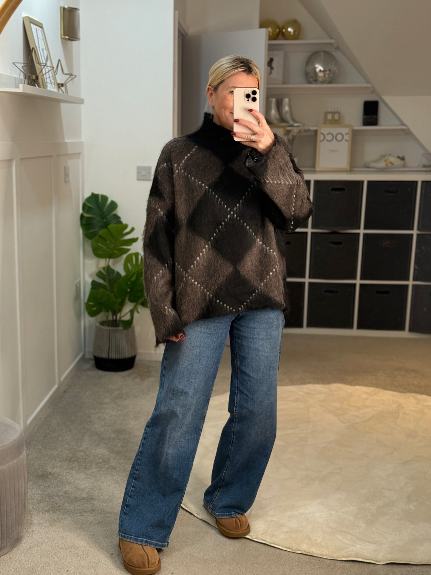 Brown/Black Argyle Funnel Neck Jumper