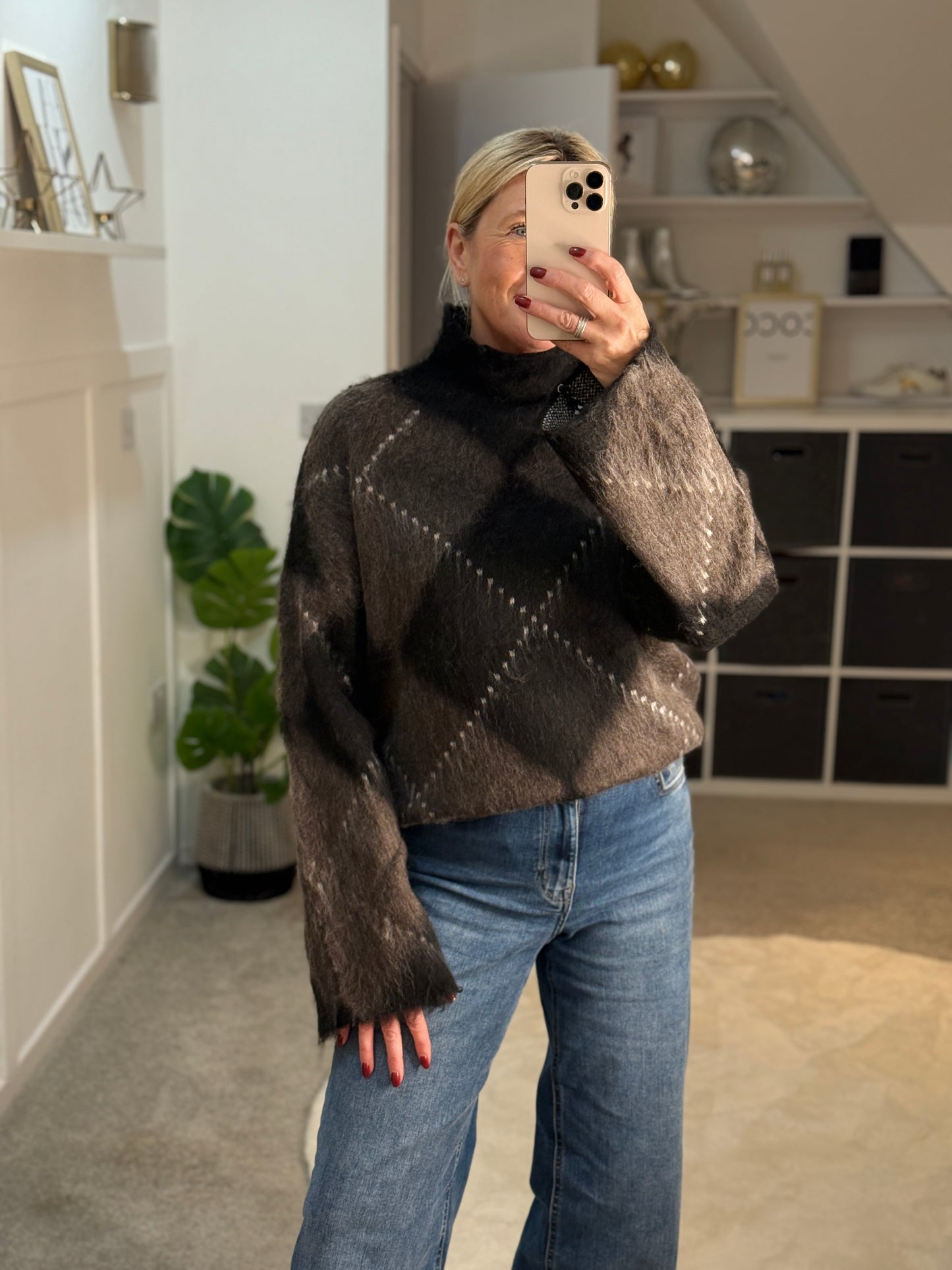 Brown/Black Argyle Funnel Neck Jumper