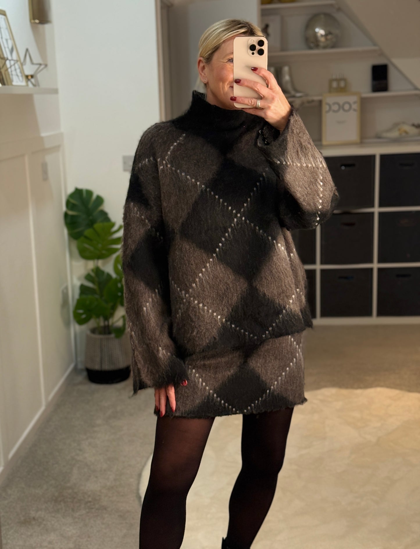 Brown/Black Argyle Funnel Neck Jumper