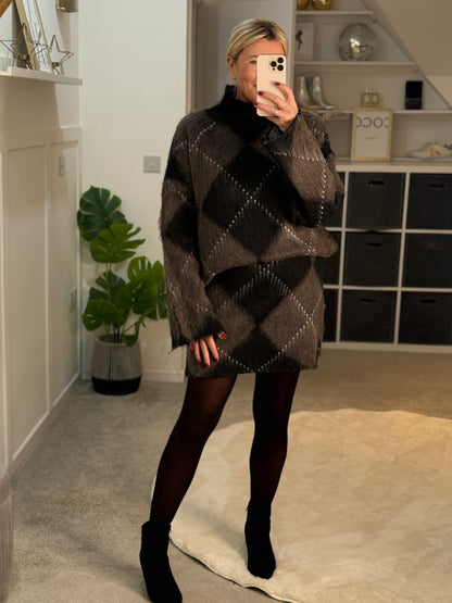 Brown/Black Argyle Mini Skirt