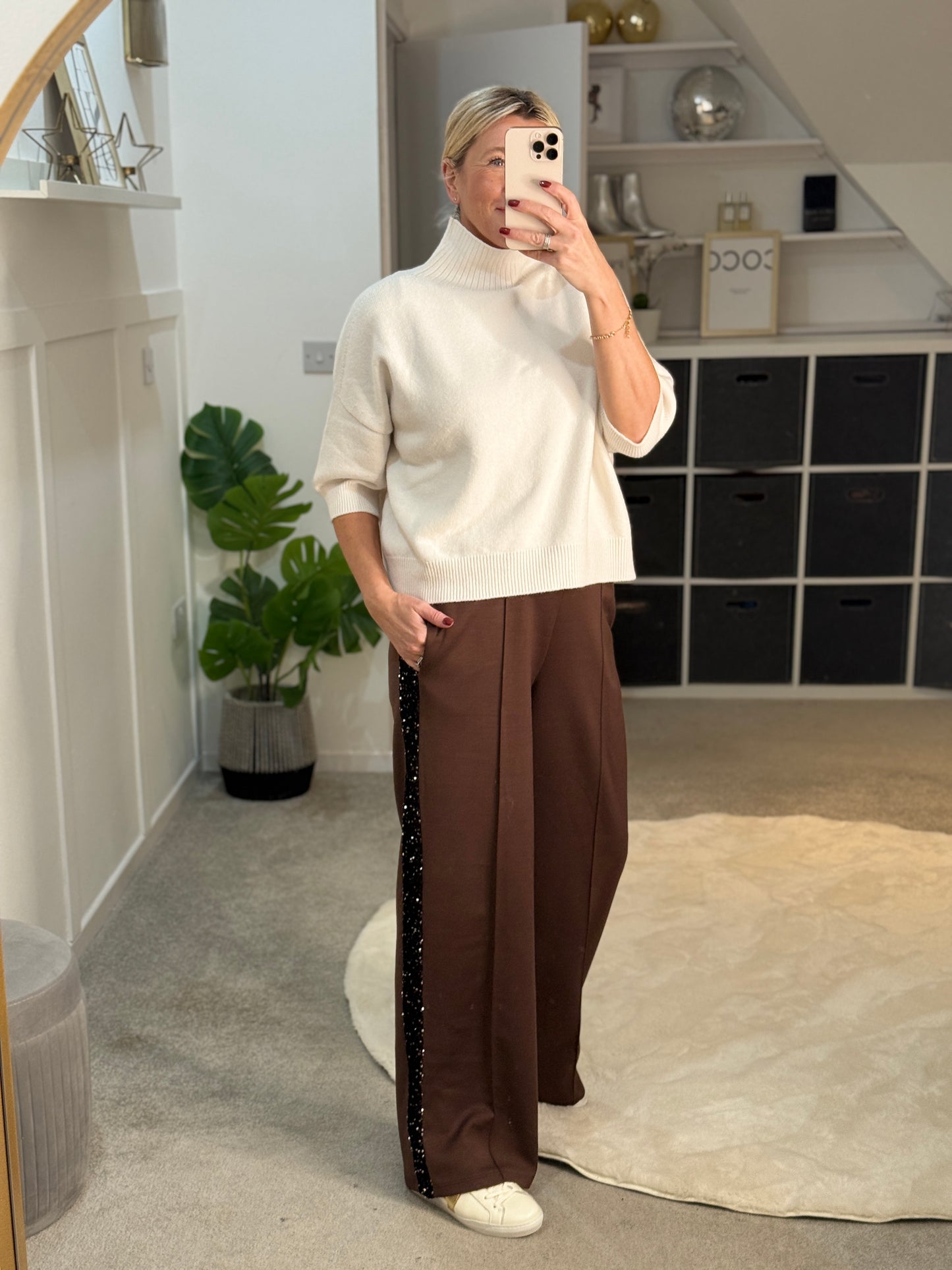 Chocolate Sequin Side Stripe Soft Trousers