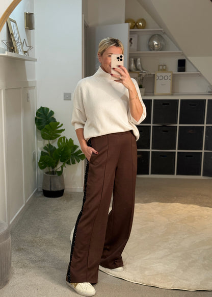 Chocolate Sequin Side Stripe Soft Trousers