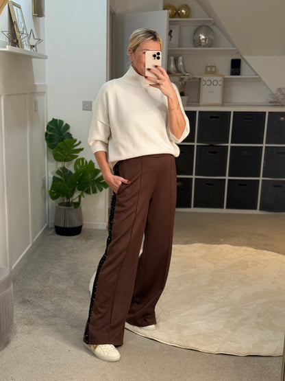 Chocolate Sequin Side Stripe Soft Trousers