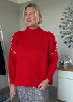 Khaki/Neon Pink Contrast Stitch Cosy Jumper