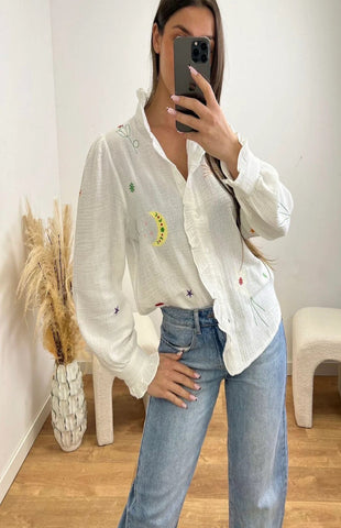 Embroidered Frill Neck Cotton Shirt