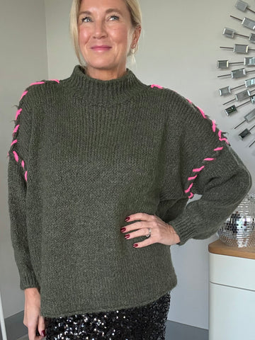 Khaki/Neon Pink Contrast Stitch Cosy Jumper