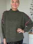 Khaki/Neon Pink Contrast Stitch Cosy Jumper