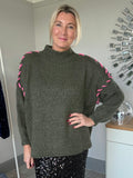 Khaki/Neon Pink Contrast Stitch Cosy Jumper