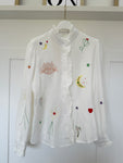 Embroidered Frill Neck Cotton Shirt