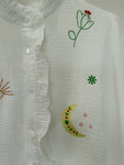 Embroidered Frill Neck Cotton Shirt