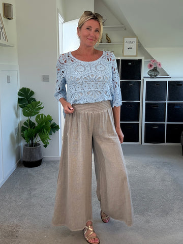 Mocha Washed Linen Wide Leg Trousers
