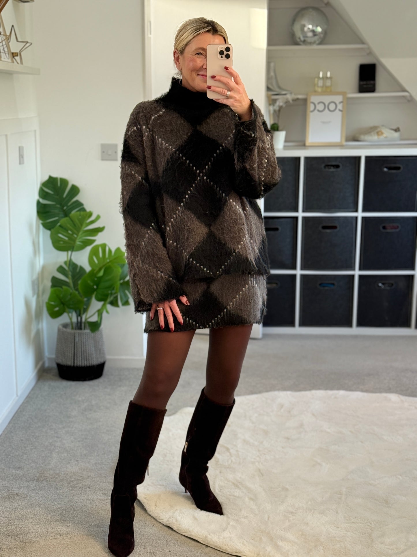Brown/Black Argyle Funnel Neck Jumper