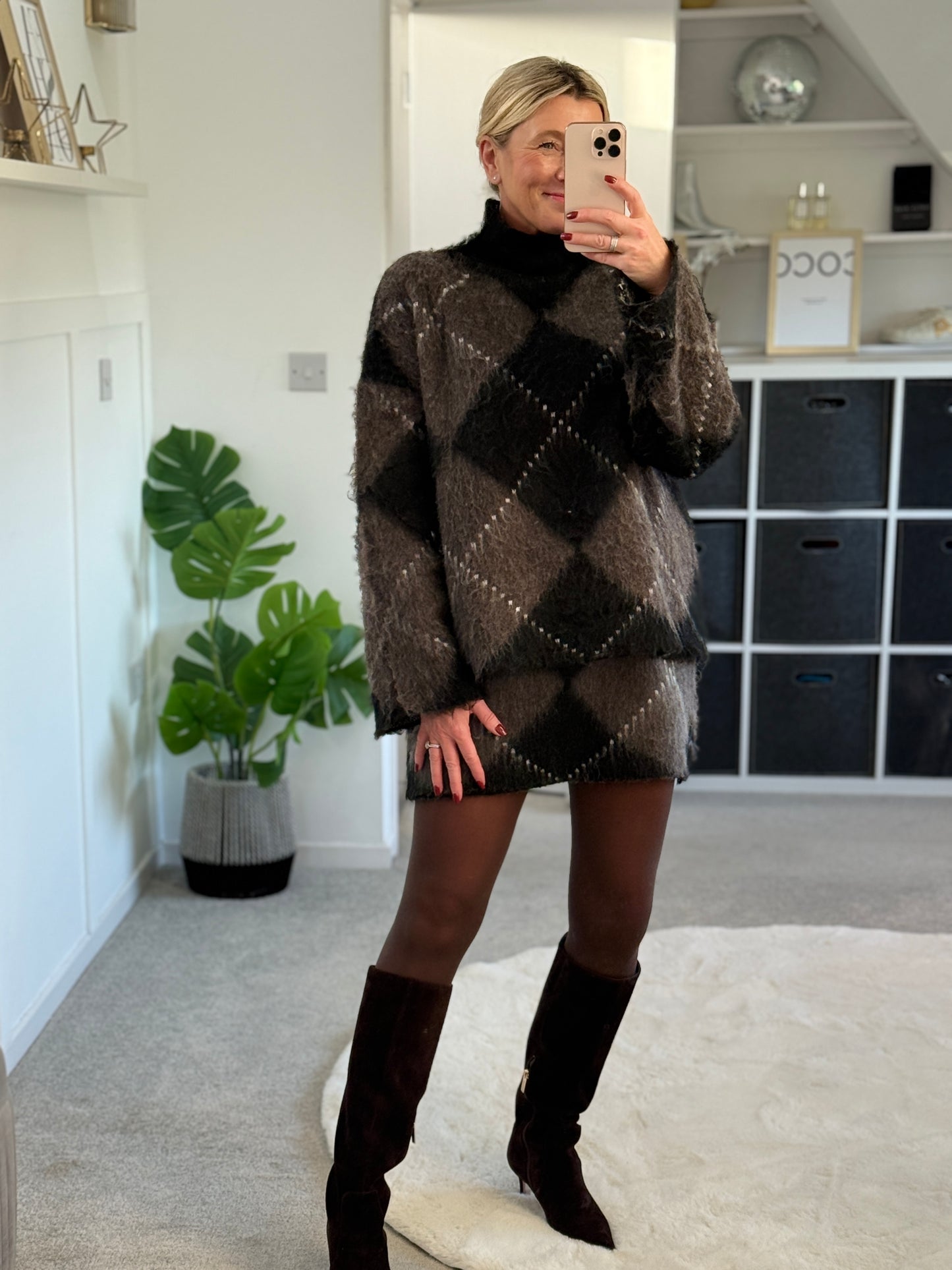 Brown/Black Argyle Funnel Neck Jumper