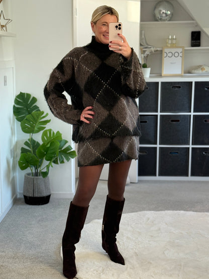 Brown/Black Argyle Mini Skirt