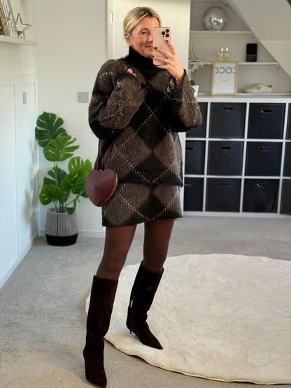 Brown/Black Argyle Funnel Neck Jumper