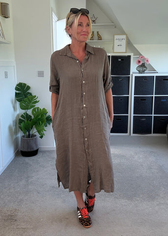 Mocha Linen Pocket Shirt Dress