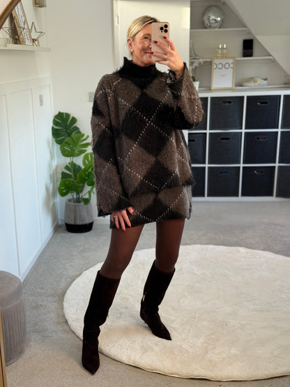 Brown/Black Argyle Funnel Neck Jumper
