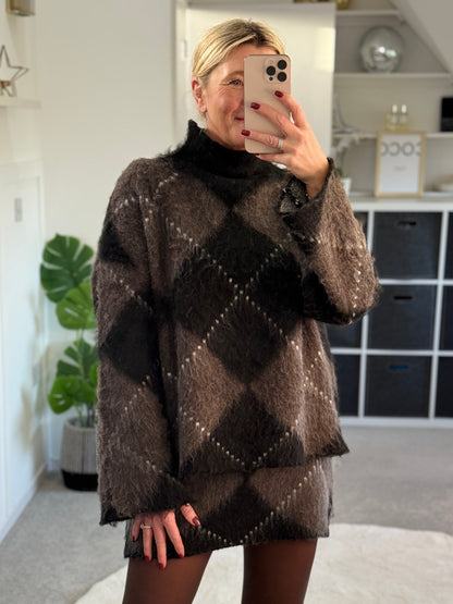 Brown/Black Argyle Funnel Neck Jumper