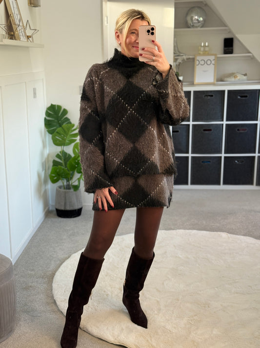 Brown/Black Argyle Mini Skirt