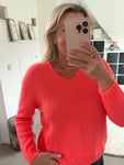 Neon Coral V Neck Fluffy Jumper