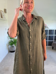 Khaki Linen Pocket Shirt Dress