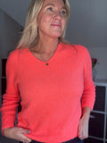 Neon Coral V Neck Fluffy Jumper