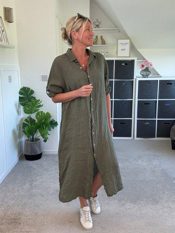 Khaki Linen Pocket Shirt Dress