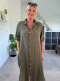 Khaki Linen Pocket Shirt Dress