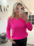 Neon Pink V Neck Fluffy Jumper