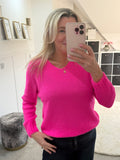 Neon Pink V Neck Fluffy Jumper