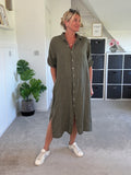 Khaki Linen Pocket Shirt Dress