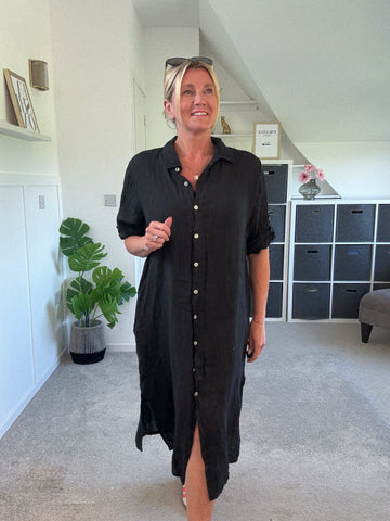 Black Linen Pocket Shirt Dress